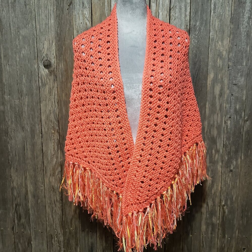 NEW Coral Orange Hand Knitted Shawl Wrap Scarf‎ Boho Hippie Gift Fringe Cover Up